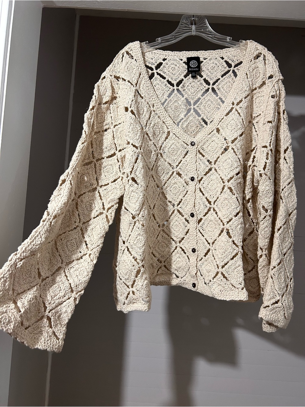bobeau Cream Crochet V-Neck Button Front Sweater
